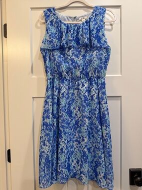 Cato Blue and Aqua Floral Ruffle-Yoke Sleeveless Spring Summer Dress Size 12